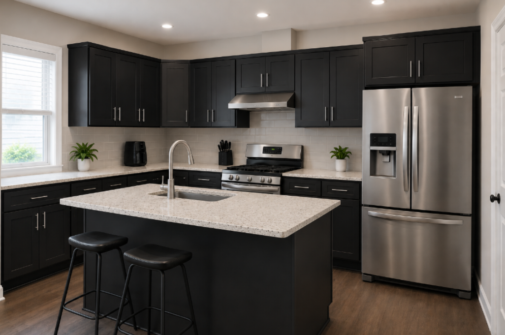 Modern kitchen after professional vinyl wrapping transformation