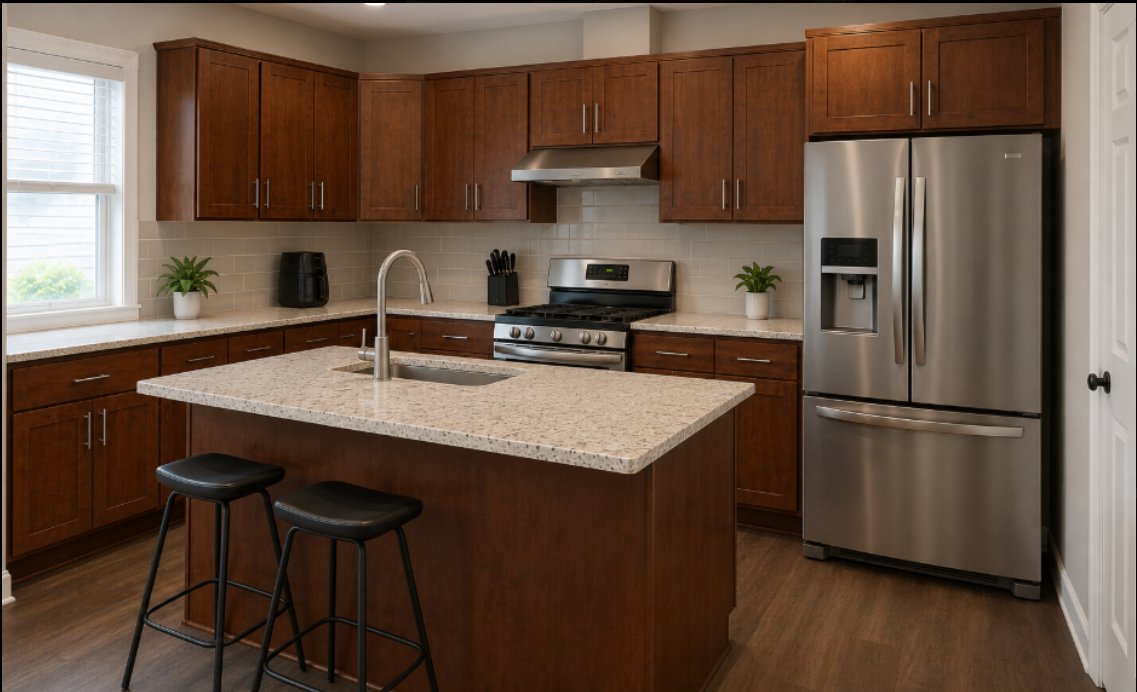 Dated kitchen before vinyl wrapping